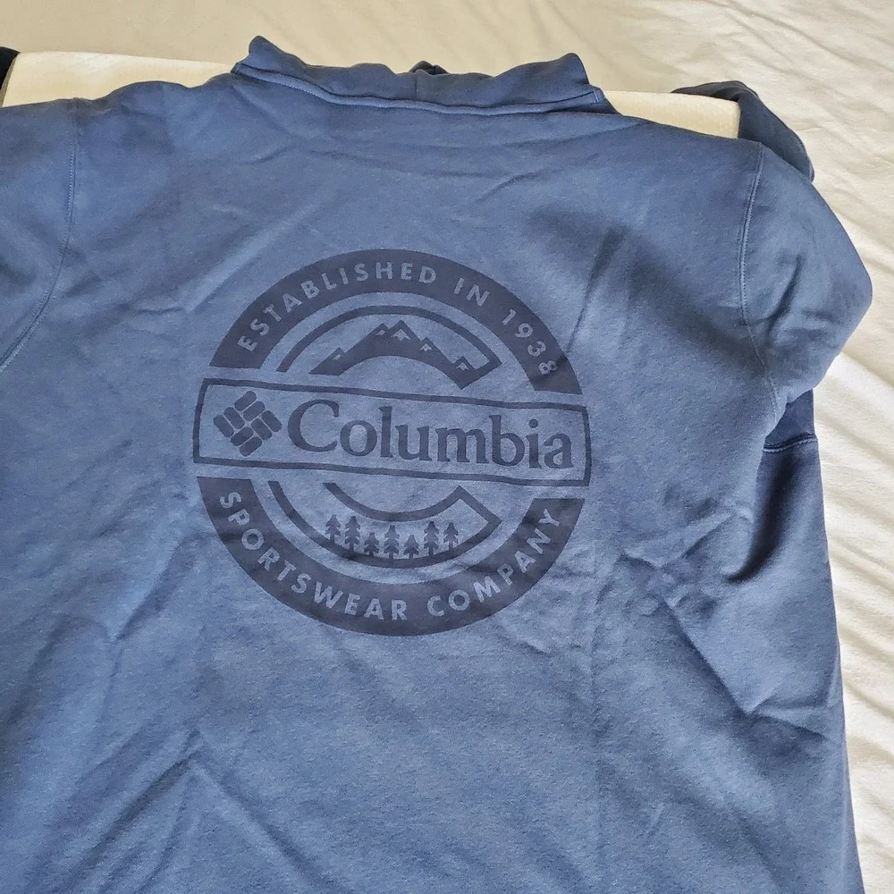 Columbia Men Tall Blue‎ Hoodie Trek Graphic XLT Dark Mountain Button Badge